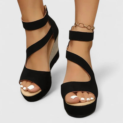 Mary | Black Strap Woven Wedge-Heel Platform Sandals