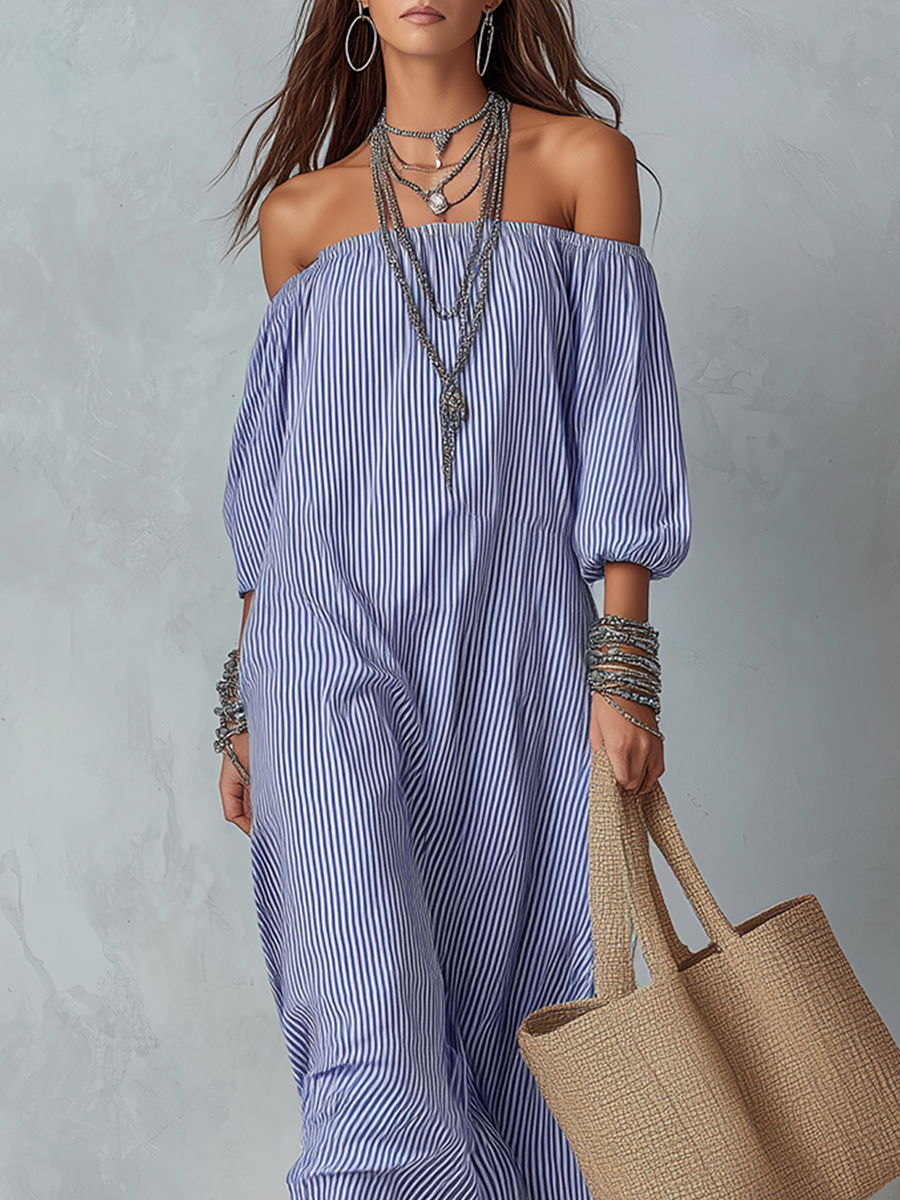 Côte | Blue Striped Off Shoulder Loose Spring Maxi Dress