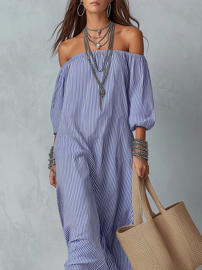 Côte | Blue Striped Off Shoulder Loose Spring Maxi Dress