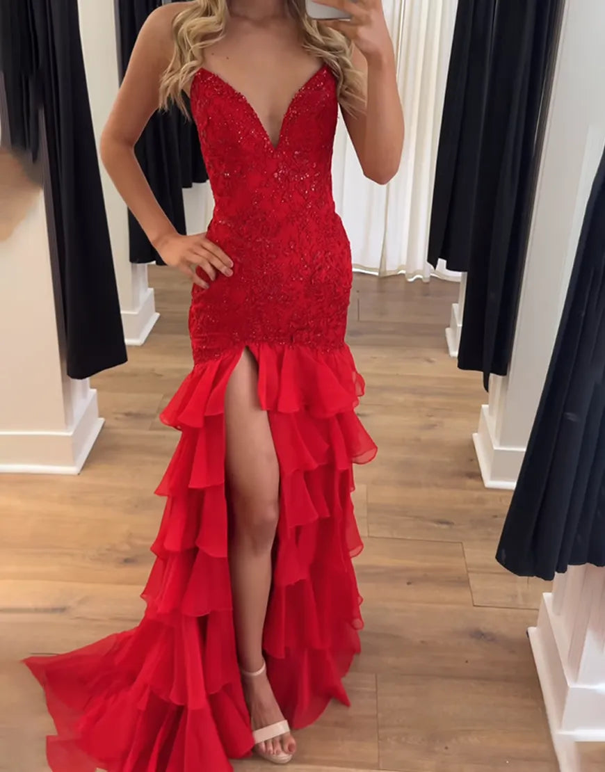 Faye | Lace Appliqué Ruffle Fitted Mermaid Prom Dress