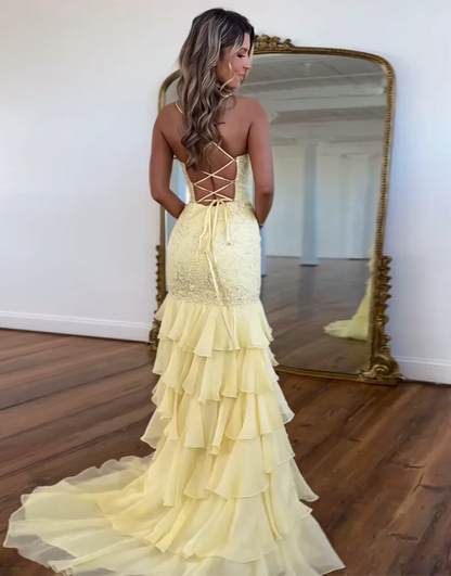 Faye | Lace Appliqué Ruffle Fitted Mermaid Prom Dress