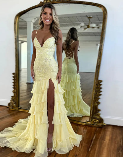 Faye | Lace Appliqué Ruffle Fitted Mermaid Prom Dress