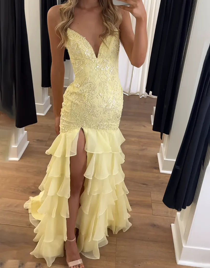 Faye | Lace Appliqué Ruffle Fitted Mermaid Prom Dress