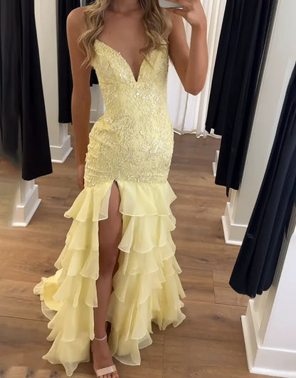 Faye | Lace Appliqué Ruffle Fitted Mermaid Prom Dress