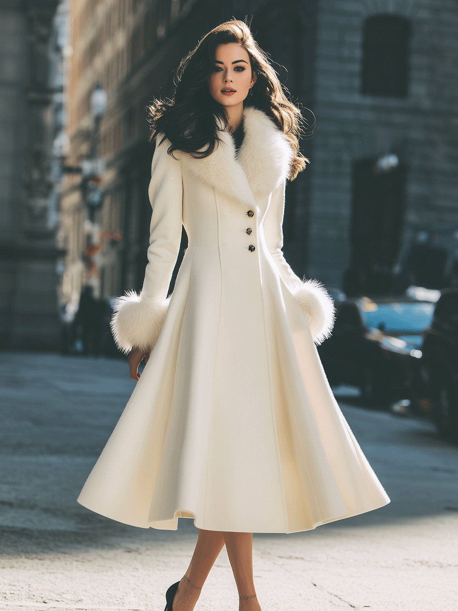 Women's Ivory Faux Fur Collar Flared Coat