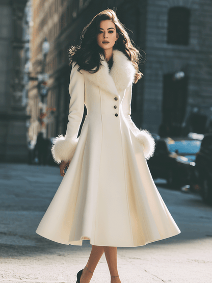 Women's Ivory Faux Fur Collar Flared Coat