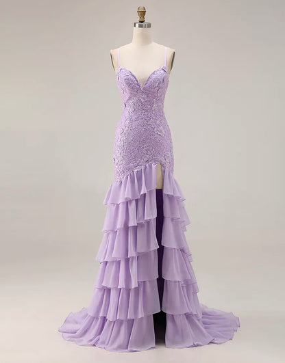 Faye | Lace Appliqué Ruffle Fitted Mermaid Prom Dress