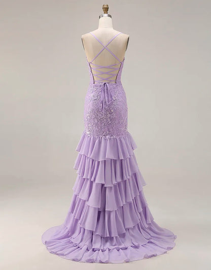 Faye | Lace Appliqué Ruffle Fitted Mermaid Prom Dress