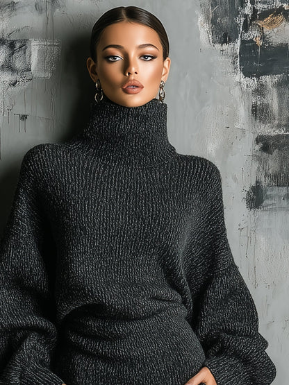 Women's Charcoal Oversized Turtleneck Knit Midi Dress
