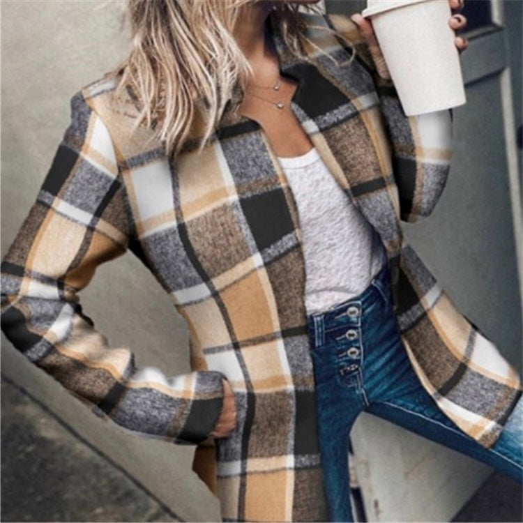 Women's Herringbone Textured Blazer Collarless Open Front Coat