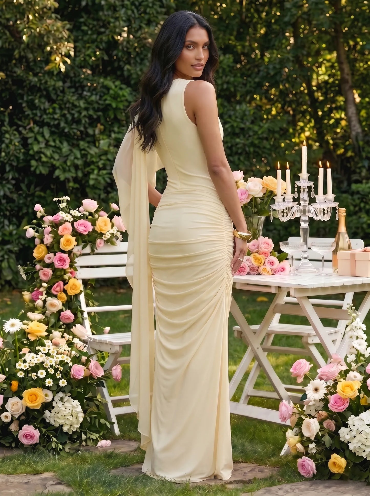 One Shoulder Ruched Chiffon Cape Overlay Bridesmaid Dress