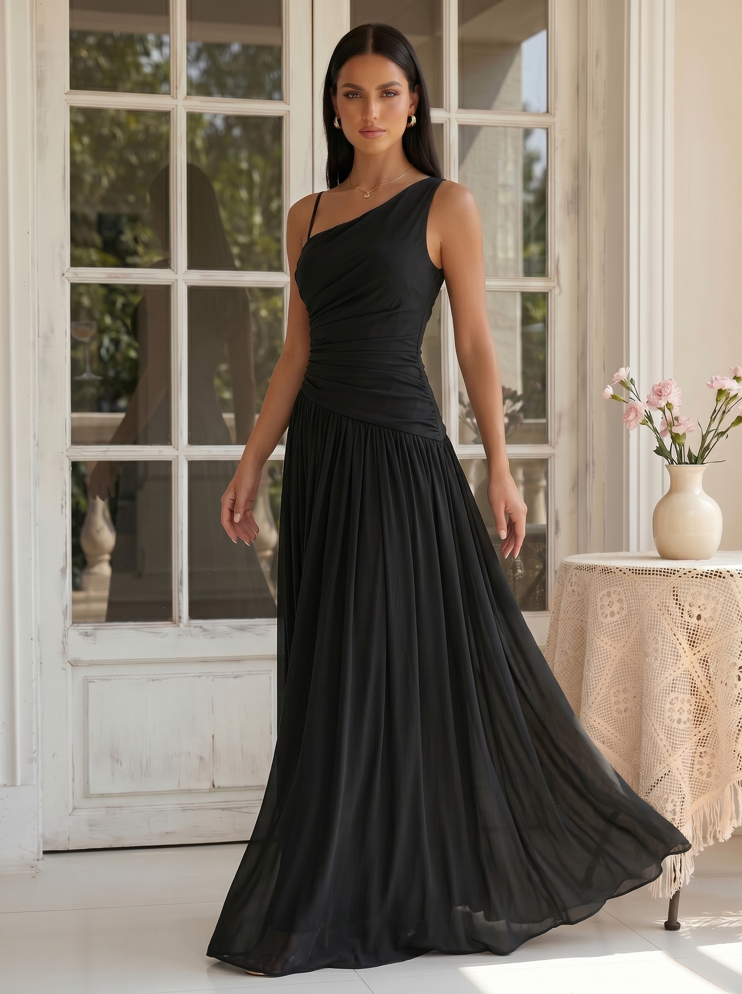 Onx | One Shoulder Pleated Satin Thigh Slit Summer Wedding Guest Dress