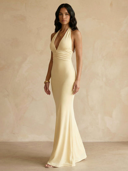 Halter Neck Pleated Mermaid Maxi Bridesmaid Dress