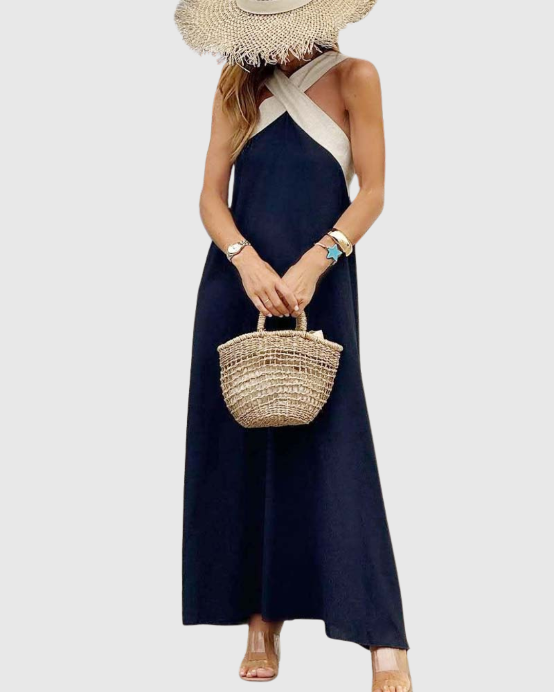 Summer | Linen Crossover Halter Neck Maxi Sundress