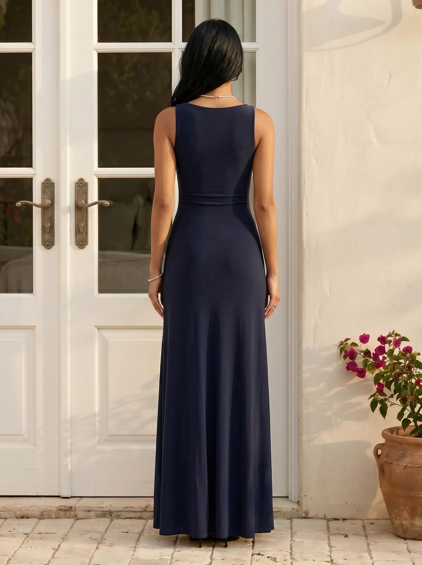 Vra | V-Neck Ruched Column Button Detail Bridesmaid Dress