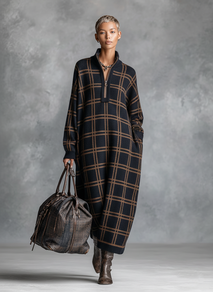 Women's Plaid Zip Neck Knit Maxi Dress