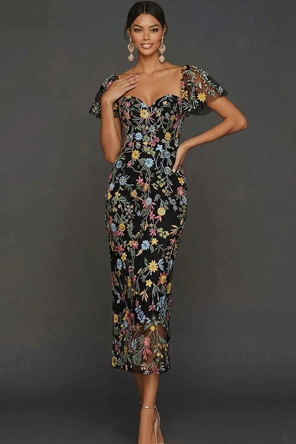 Sally | Botanical Print Embroidered Summer Wedding Guest Midi Dress