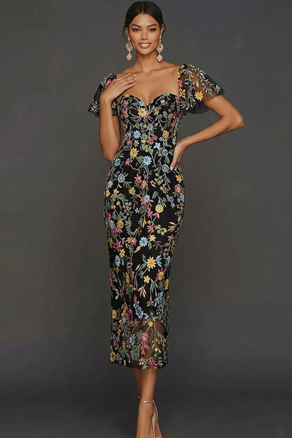 Sally | Botanical Print Embroidered Summer Wedding Guest Midi Dress