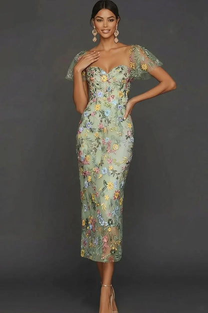 Sally | Botanical Print Embroidered Summer Wedding Guest Midi Dress