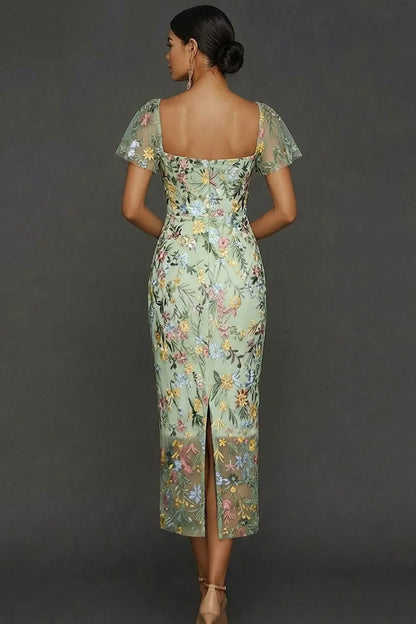 Sally | Botanical Print Embroidered Summer Wedding Guest Midi Dress