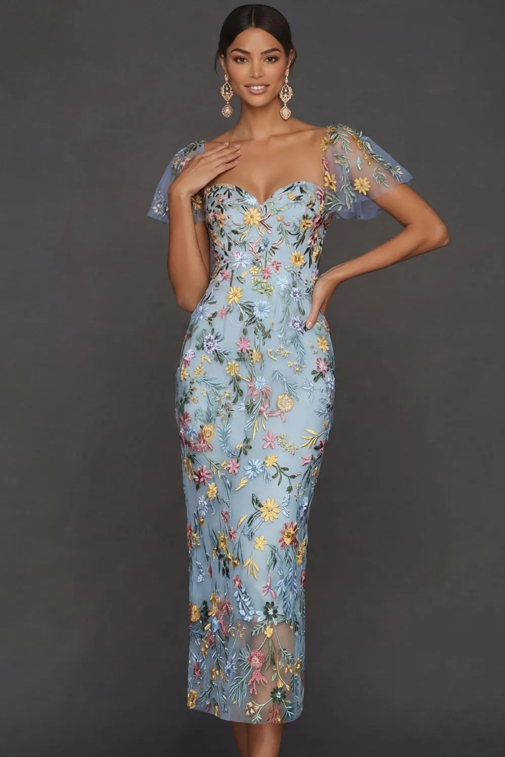 Sally | Botanical Print Embroidered Summer Wedding Guest Midi Dress
