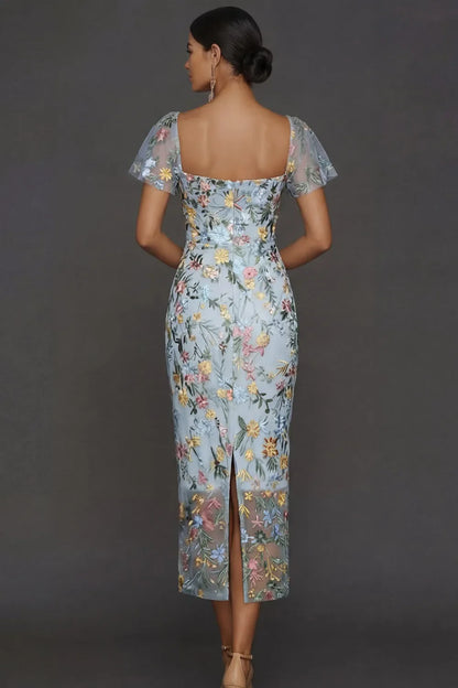 Sally | Botanical Print Embroidered Summer Wedding Guest Midi Dress