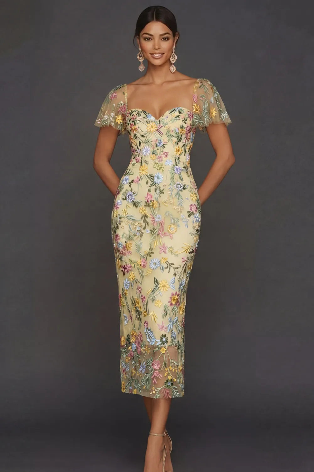 Sally | Botanical Print Embroidered Summer Wedding Guest Midi Dress