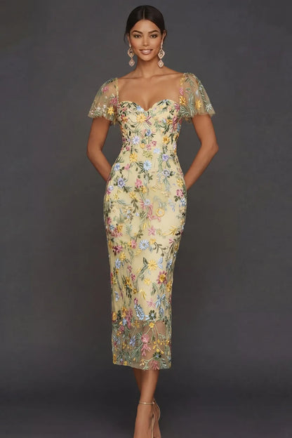 Sally | Botanical Print Embroidered Summer Wedding Guest Midi Dress
