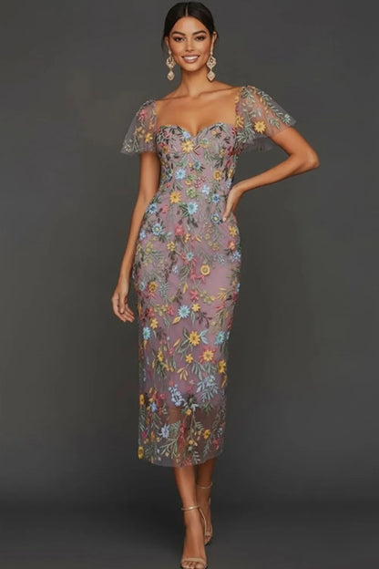 Sally | Botanical Print Embroidered Summer Wedding Guest Midi Dress