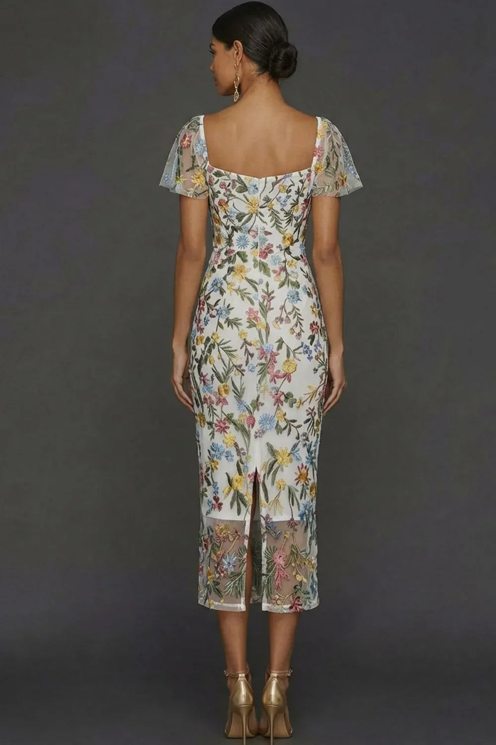 Sally | Botanical Print Embroidered Summer Wedding Guest Midi Dress