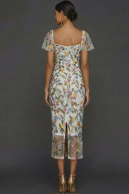 Sally | Botanical Print Embroidered Summer Wedding Guest Midi Dress