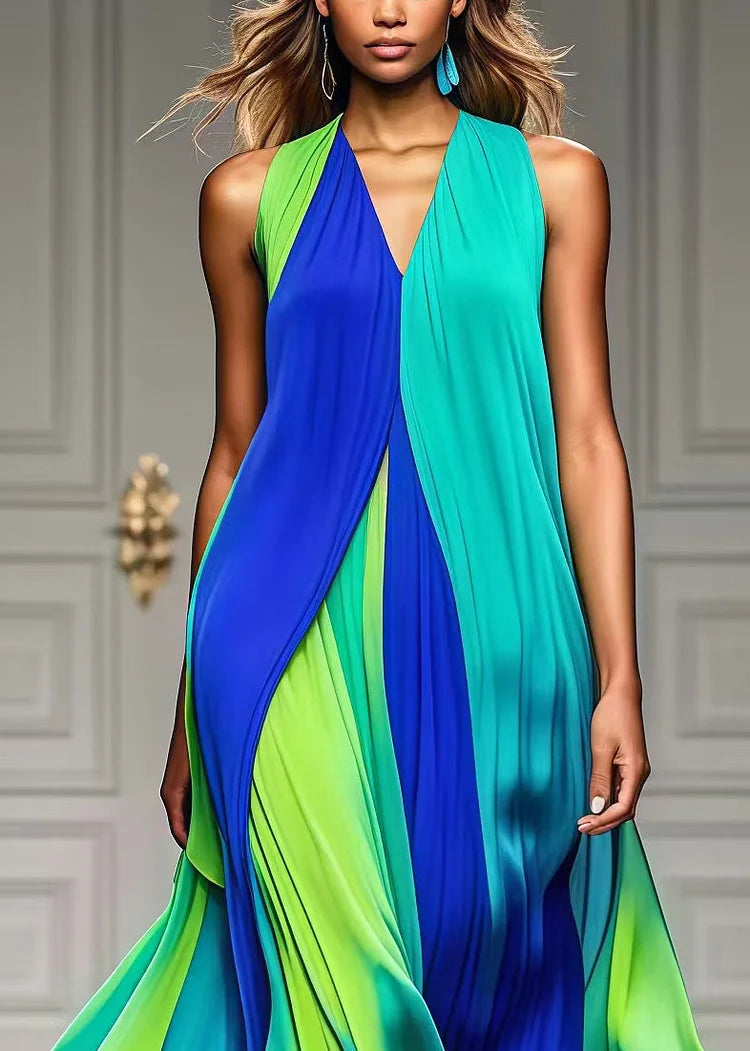 Alice | Colorful Front-Pleated Halter Chiffon Maxi Beach Dress