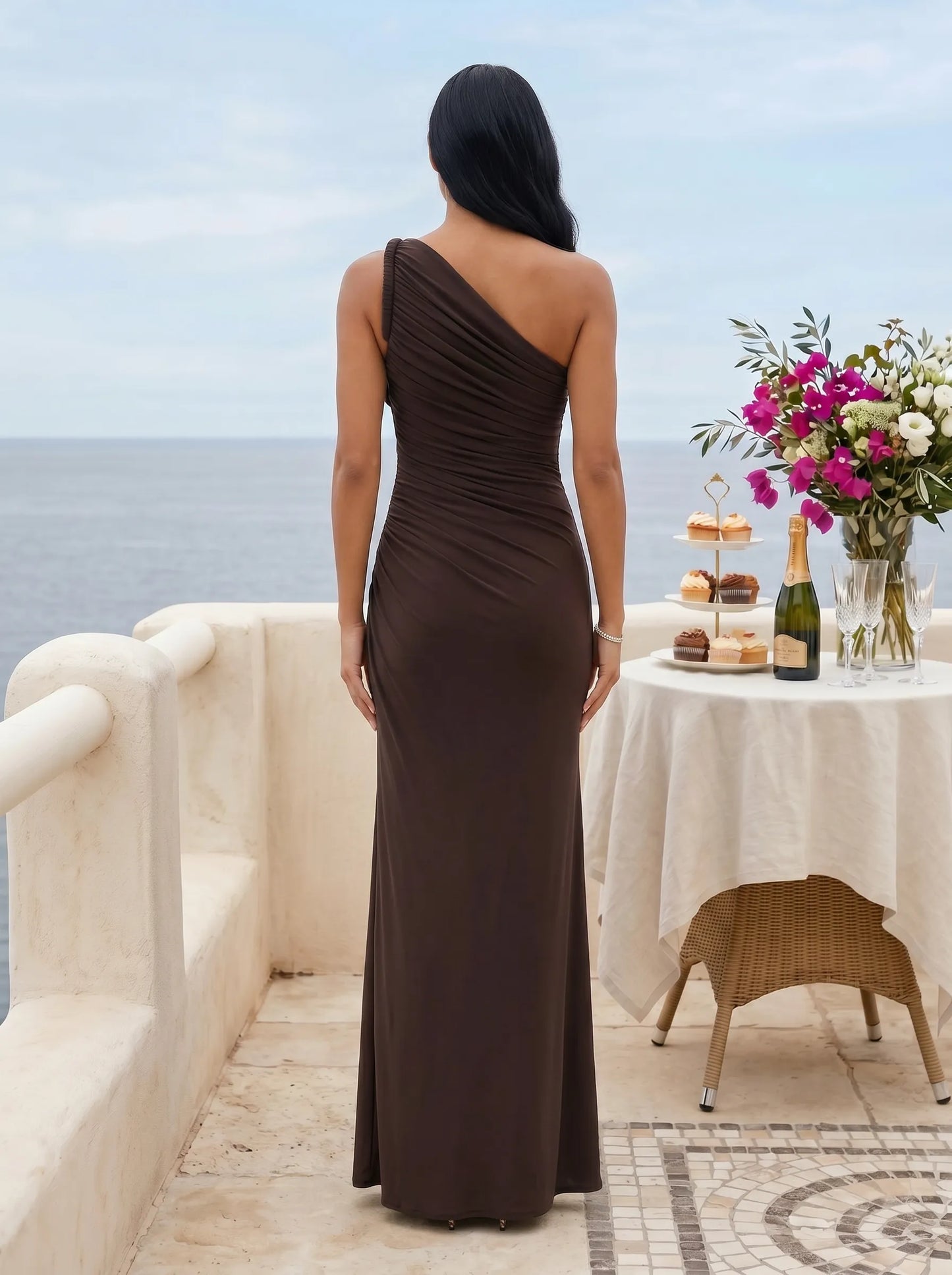 Sloane | One Shoulder Ruched Column Thigh Slit Evening Gown