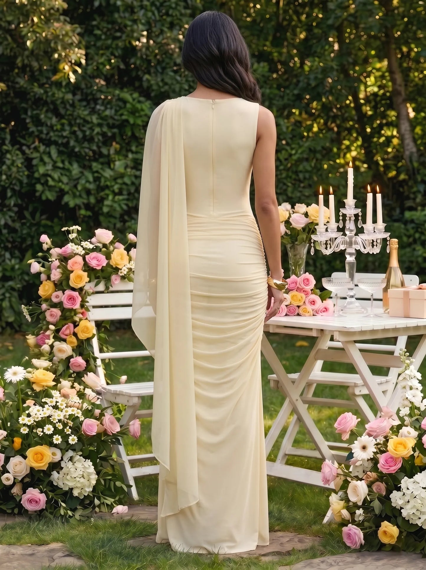 One Shoulder Ruched Chiffon Cape Overlay Bridesmaid Dress