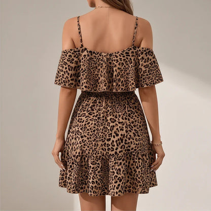 Marlowe | Leopard Print Cold-Shoulder Ruffle Mini Dress