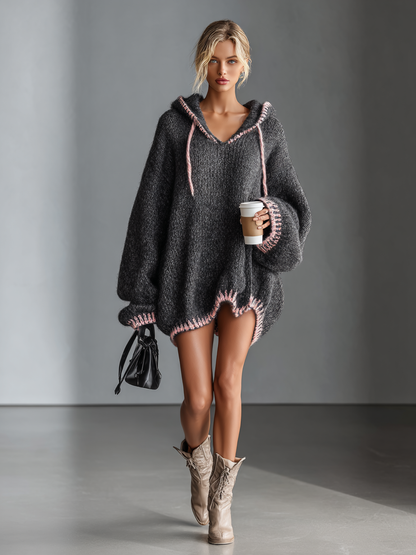 Women's Hooded Pink Trim Knit Mini Dress