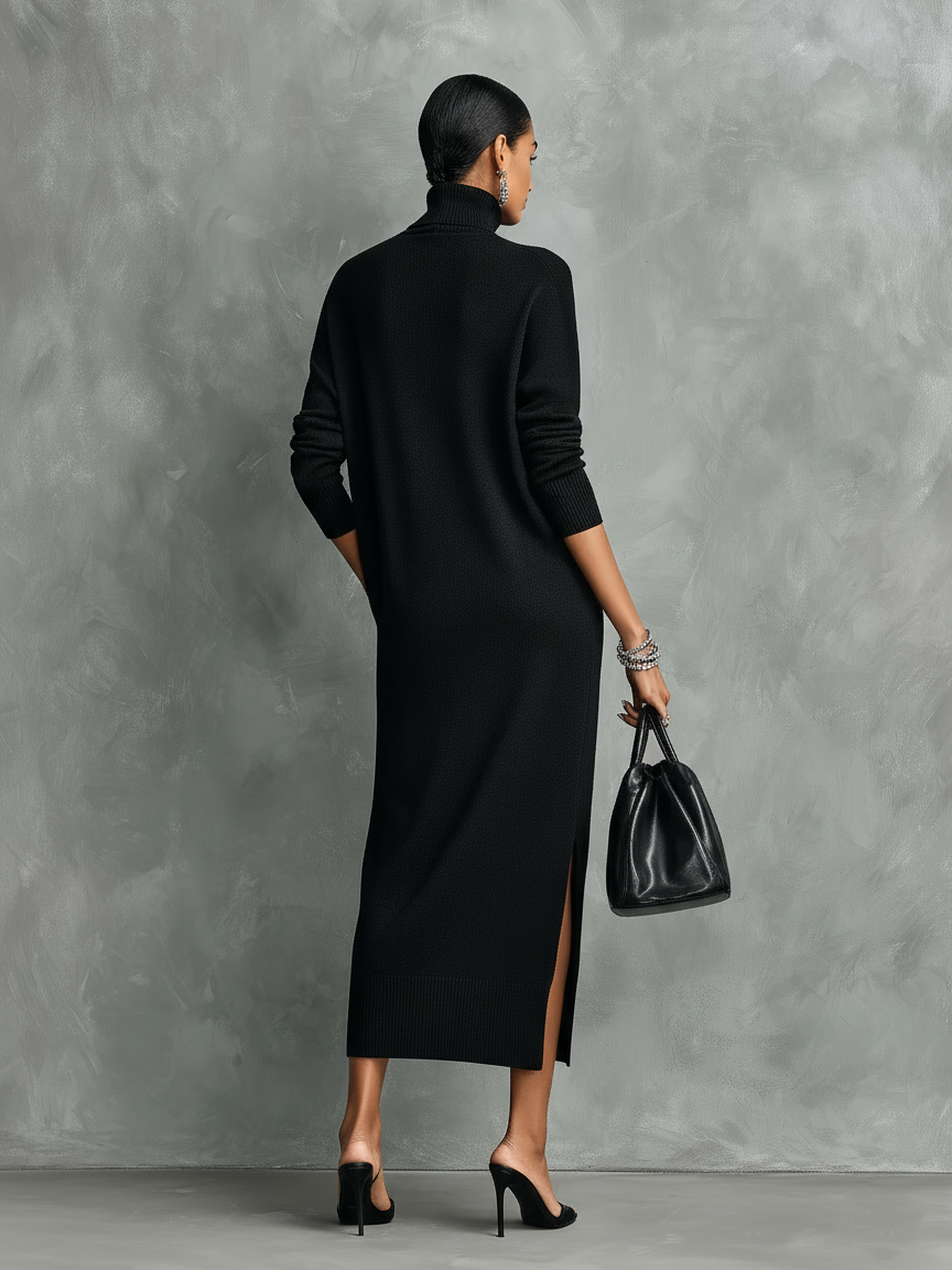 Women's Black Turtleneck Knit Midi Dress