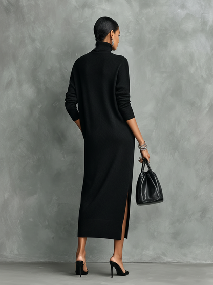 Women's Black Turtleneck Knit Midi Dress