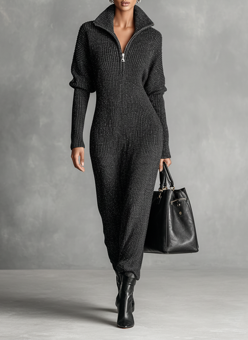 Women's Zip Neck Knitted Maxi Dress