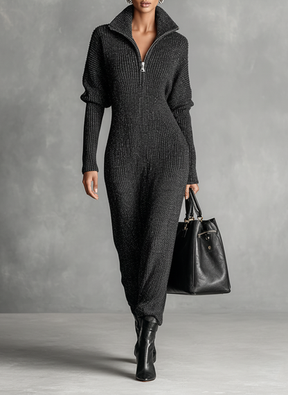 Women's Zip Neck Knitted Maxi Dress