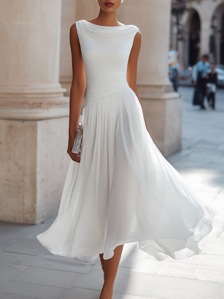 Donna | Flowy Neck Chiffon Formal Midi Dress