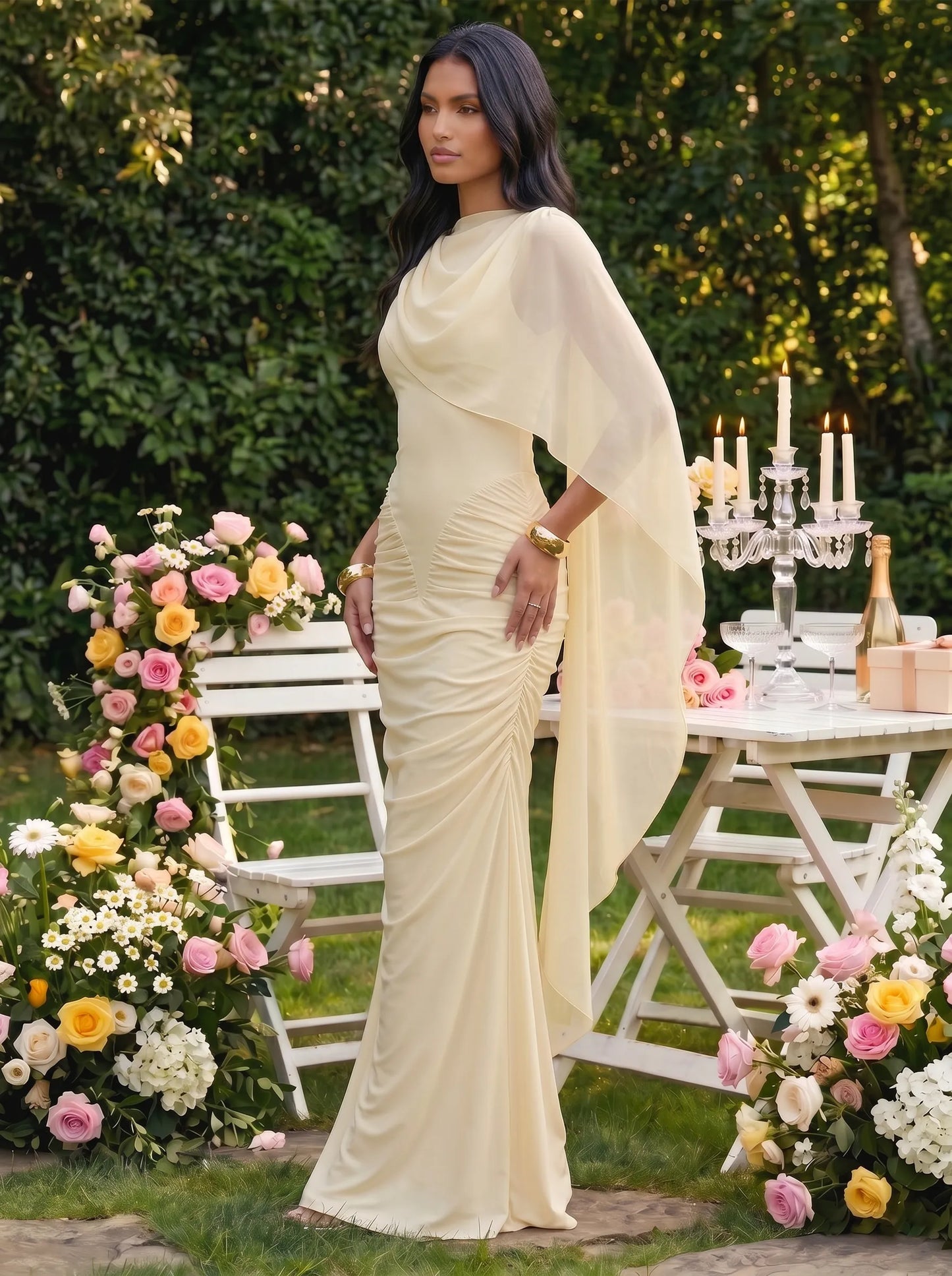 One Shoulder Ruched Chiffon Cape Overlay Bridesmaid Dress