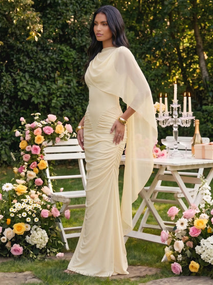 One Shoulder Ruched Chiffon Cape Overlay Bridesmaid Dress