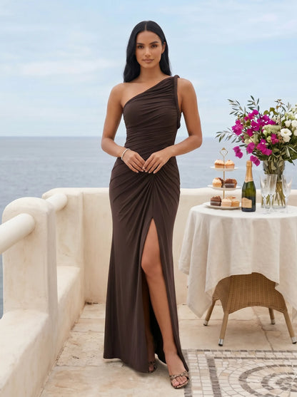 Sloane | One Shoulder Ruched Column Thigh Slit Evening Gown