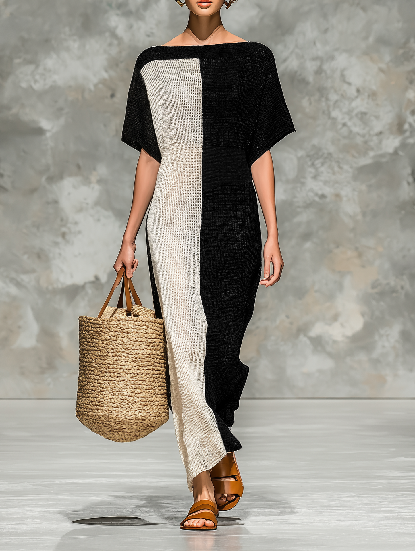 Women's Boat Neck Short Sleeve Knit Maxi Dress