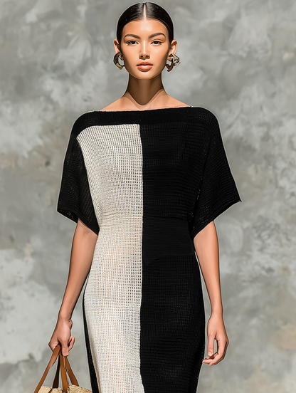 Women's Boat Neck Short Sleeve Knit Maxi Dress