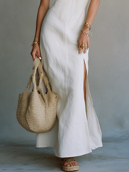 Alba | Elegant Minimal Strappy Slit Vacation Maxi Dress