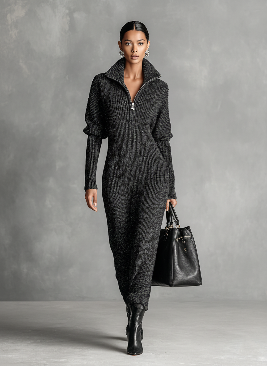 Women's Zip Neck Knitted Maxi Dress