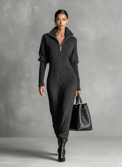 Women's Zip Neck Knitted Maxi Dress