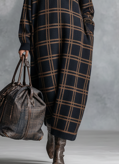 Women's Plaid Zip Neck Knit Maxi Dress